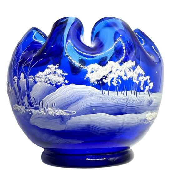 Vintage Fenton Cobalt Blue Rose Bowl hand Painted Signed Snow Winter Scene